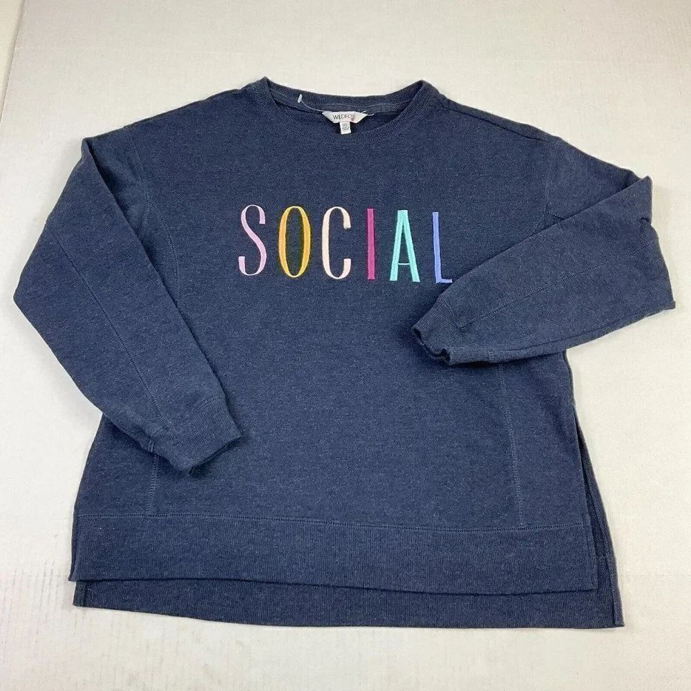 Widlfox Womens Social Sweatshirt Blue Long Sleeve Side Slits Pullover Size XS